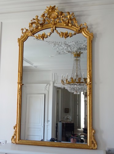 Grand miroir de cheminée en bois doré, glace au mercure - Napoléon III