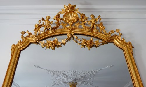Napoléon III - Grand miroir de cheminée en bois doré, glace au mercure