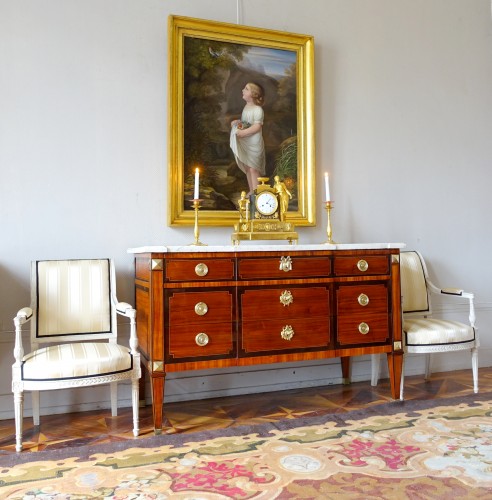 Antiquités - Large Louis XVI marquetry chest of drawers, late 18th century - 145,5cm