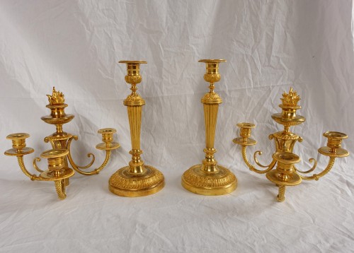 Lighting  - Pair Of Empire Ormolu Candelabras, Model Of The Château De Fontainebleau 