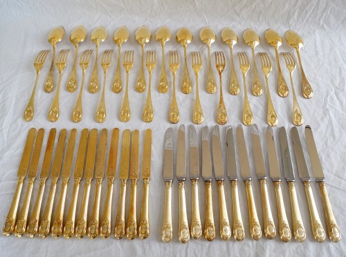 Antique Silver  - Crown Of Prince - 48 Piece Dessert Set In Vermeil By P Queillé