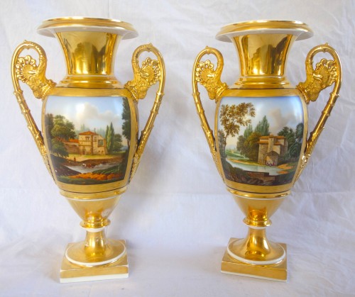 Paire de grands vases en porcelaine de Paris début 19e - Céramiques, Porcelaines Style Restauration - Charles X