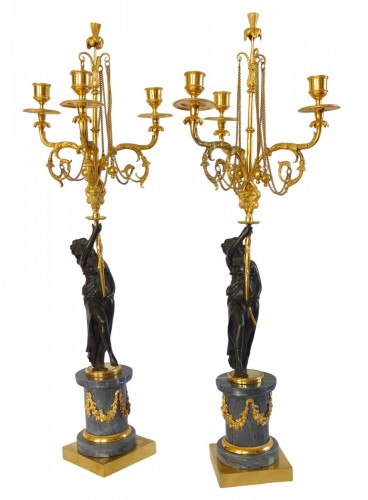 Paire de candélabres en marbre et bronze doré d'époque Louis XVI