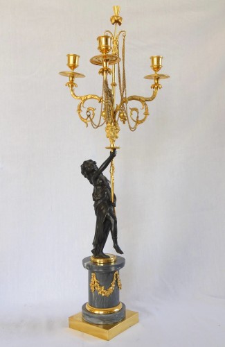 Paire de candélabres en marbre et bronze doré d'époque Louis XVI - Luminaires Style Louis XVI