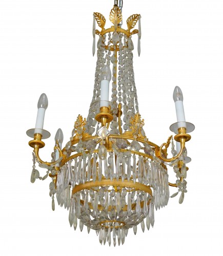 Lustre corbeille en cristal et bronze doré, époque Restauration