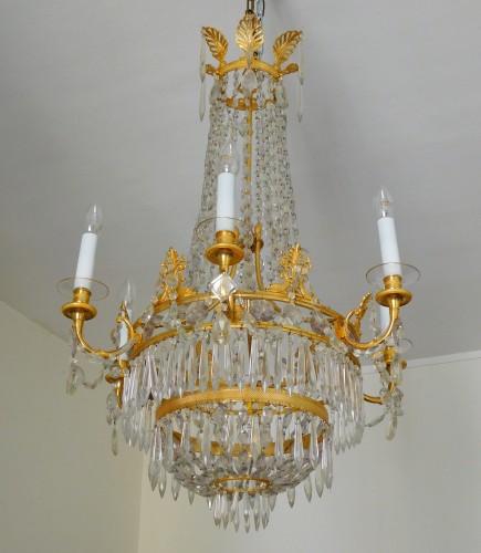 Lustre corbeille en cristal et bronze doré, époque Restauration - Luminaires Style Restauration - Charles X