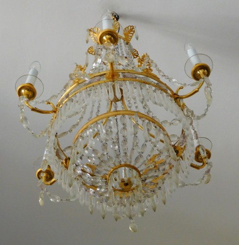 Lustre corbeille en cristal et bronze doré, époque Restauration - Restauration - Charles X