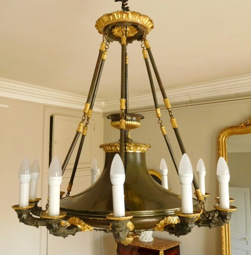 19th century - Empire Chandelier, ormolu and patinated bronze - 12 lights - circa 1820