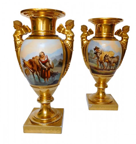 Grande paire de vases en porcelaine d'époque Empire - Manufacture Felly