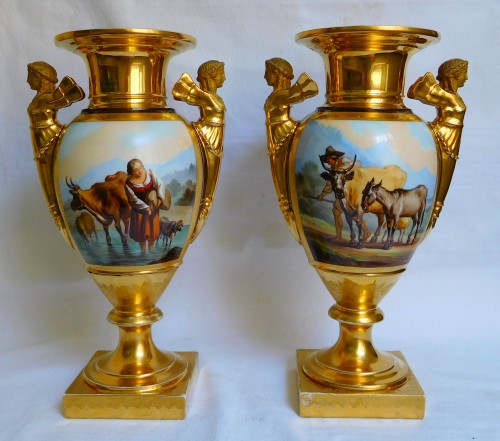 Grande paire de vases en porcelaine d'époque Empire - Manufacture Felly - Céramiques, Porcelaines Style Empire
