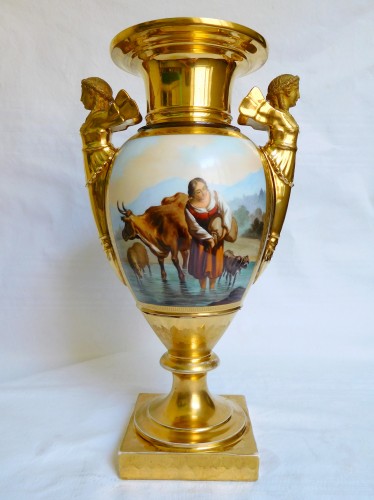 Antiquités - Grande paire de vases en porcelaine d'époque Empire - Manufacture Felly