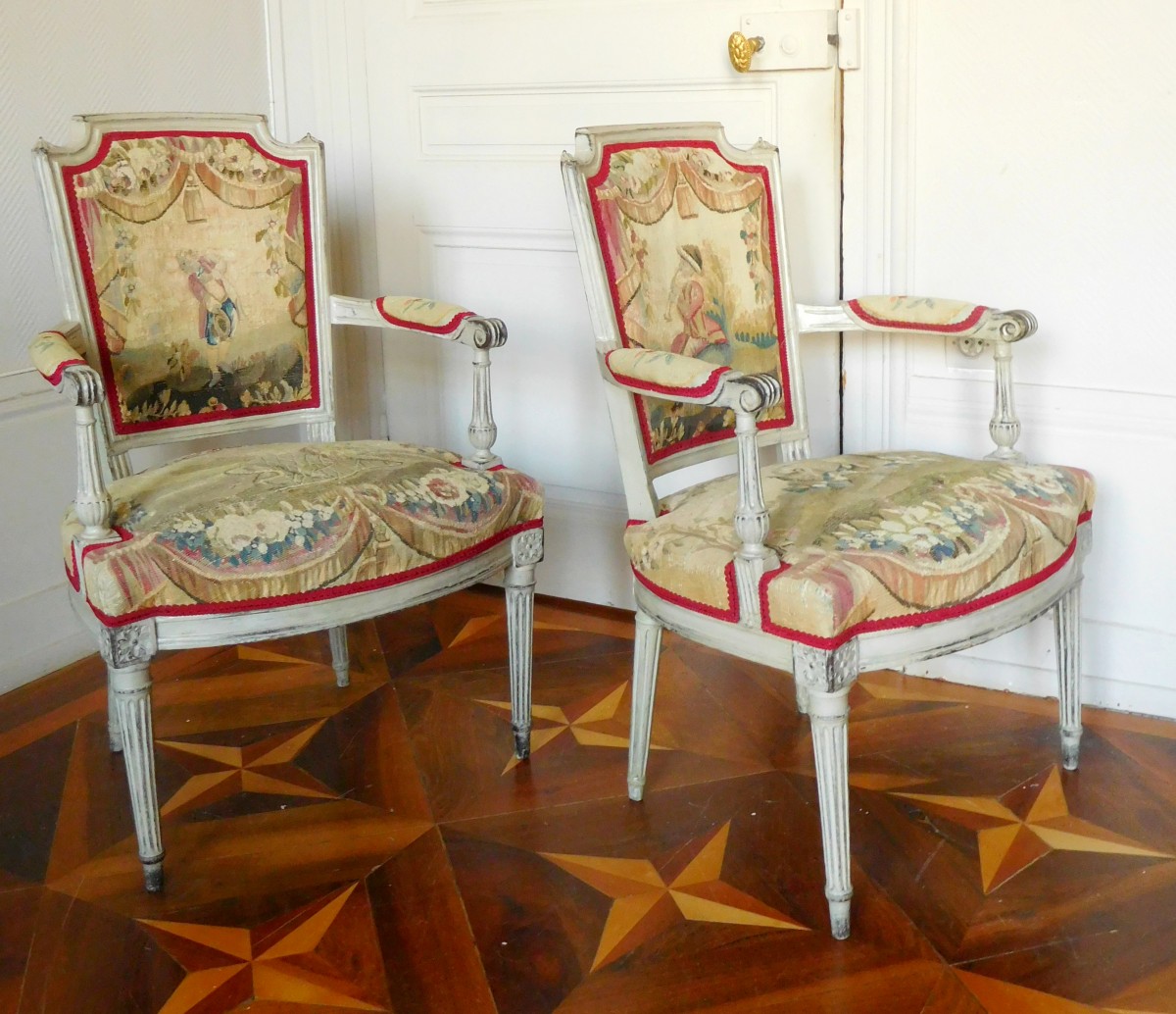 Pair of Louis XVI French Aubusson Tapestry Fruitwood Armchairs