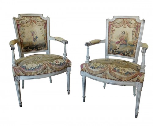 Pair of Louis XVI cabriolet armchairs - 18th century Aubusson tapestry