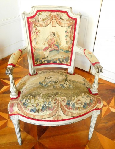 Antiquités - Pair of Louis XVI cabriolet armchairs - 18th century Aubusson tapestry