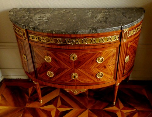 Furniture  - J. Bircklé - Large Half Moon Louis XVI Commode , Rosewood Marquetry Stamped