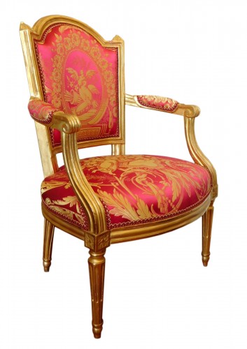 Fauteuil Cabriolet en bois doré Louis XVI Estampille NL Mariette