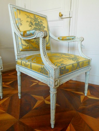 Antiquités - Salon de quatre sièges d'époque Louis XVI estampille LM Pluvinet