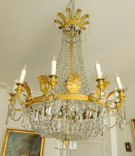 Luminaires Lustre - Lustre corbeille en cristal et bronze doré vers 1810-1820