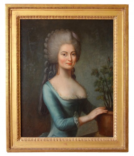 Portrait de femme au pot de fleurs - Ecole française du 18e siècle