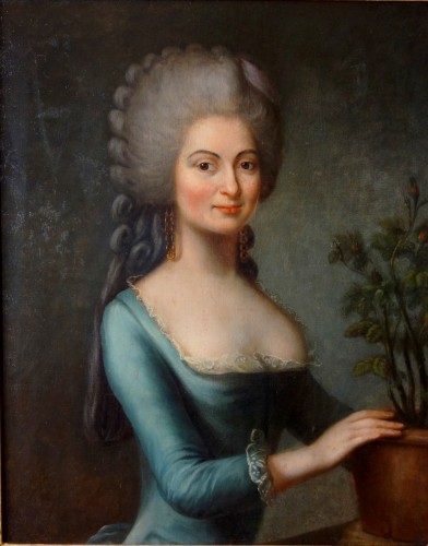 Portrait de femme au pot de fleurs - Ecole française du 18e siècle - Tableaux et dessins Style Louis XVI
