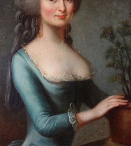 Portrait de femme au pot de fleurs - Ecole française du 18e siècle - GSLR Antiques
