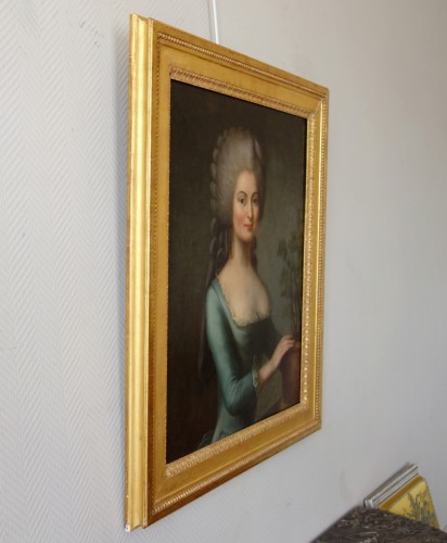 XVIIIe siècle - Portrait de femme au pot de fleurs - Ecole française du 18e siècle