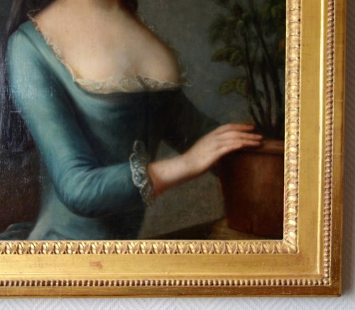 Antiquités - Portrait de femme au pot de fleurs - Ecole française du 18e siècle