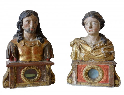 Pair of reliquary busts in polychrome and gilded wood