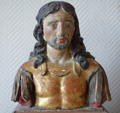 Pair of reliquary busts in polychrome and gilded wood - 