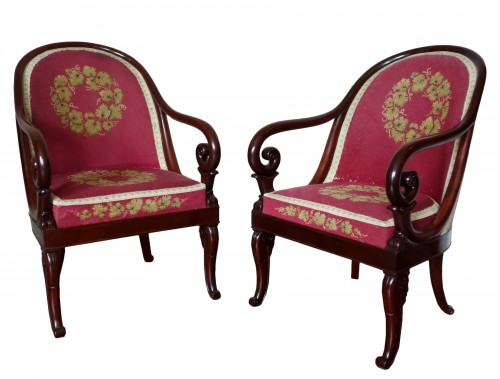 Pair of mahogany gondola armchairs circa 1830 stamped by Jeanselme