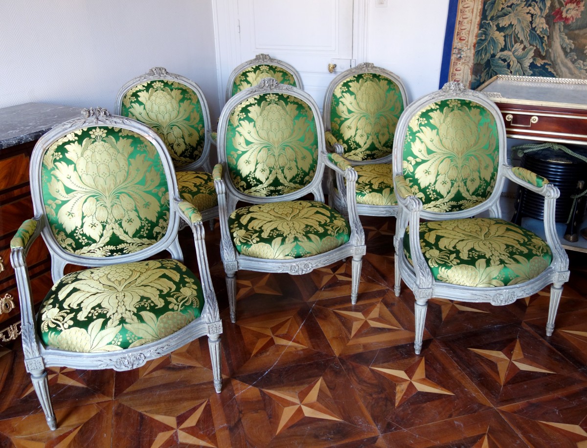 Antique French Louis XVI Style Painted Medallion Back Side Chairs