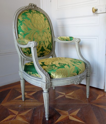 Louis XVI - Série de 6 fauteuils à chassis d'époque Louis XVI estampille de Pierre Brizard
