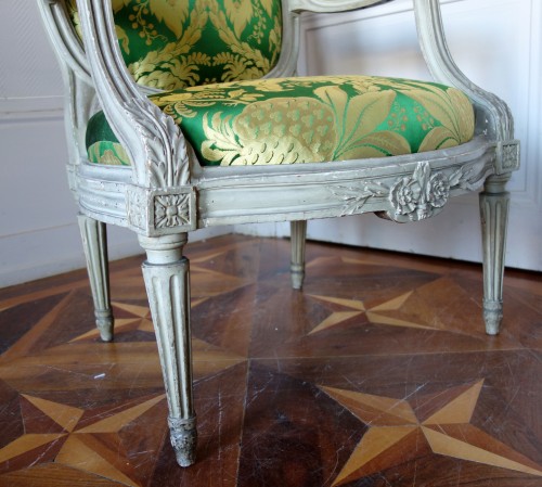 Antiquités - Série de 6 fauteuils à chassis d'époque Louis XVI estampille de Pierre Brizard