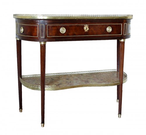 Fidelys Schey - Console desserte demi-lune en acajou, époque Louis XVI marbre brèche