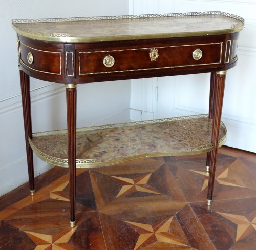 Fidelys Schey - Console desserte demi-lune en acajou, époque Louis XVI marbre brèche - Mobilier Style Louis XVI