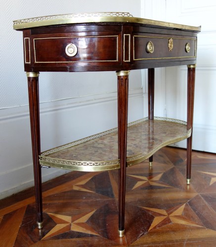 Antiquités - Fidelys Schey - Console desserte demi-lune en acajou, époque Louis XVI marbre brèche