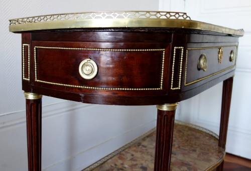 Antiquités - Fidelys Schey - Console desserte demi-lune en acajou, époque Louis XVI marbre brèche