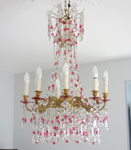 Lustre en cristal rouge et blanc - Baccarat fin 19e siècle - Luminaires Style Napoléon III