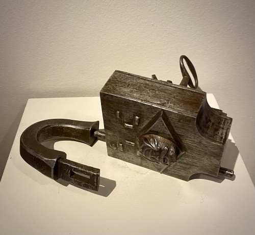 Curiosities  - Late 17th century Iron Padlock with Knight Mascaron
