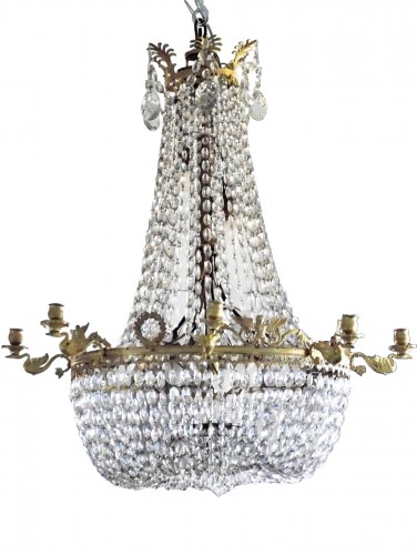 Lustre corbeille en cristal et bronze doré, vers 1840