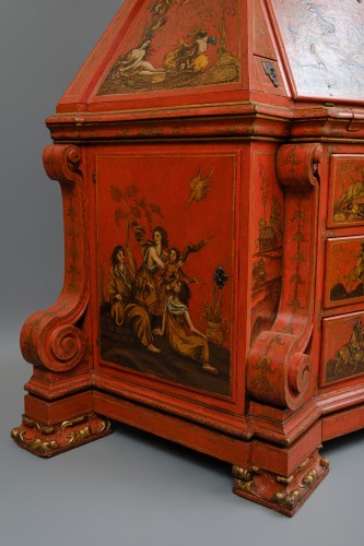 Mobilier Bureau et Secrétaire - Rare cabinet vénitien laqué en rouge et peint de motifs mythologiques, Venise XVIIIe