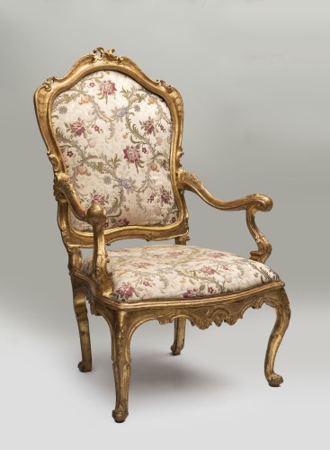 XVIIIe siècle - Six fauteuils vénitiens en bois sculpté et doré, XVIIIe siècle