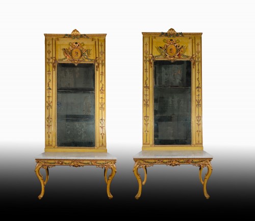 Paire de consoles et miroirs laqués vénitiens, XVIIIe siècle - Mobilier Style 