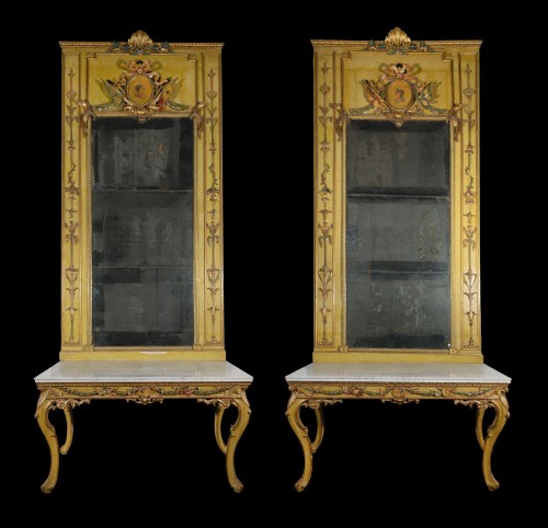 Mobilier Console - Paire de consoles et miroirs laqués vénitiens, XVIIIe siècle