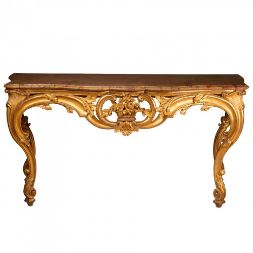 Large console d'époque Louis XV en chêne sculpté et doré