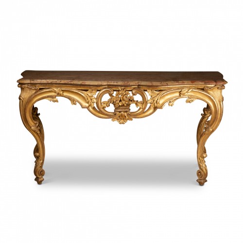 Louis XV - Large console d'époque Louis XV en chêne sculpté et doré