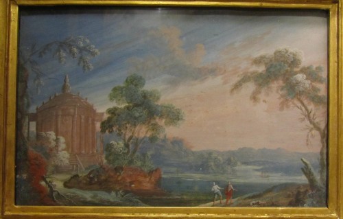 Paysages animés - Paire de gouaches fin XVIIe siècle - Tableaux et dessins Style Louis XIV