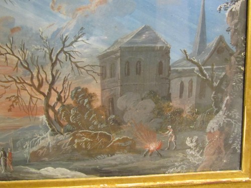 Antiquités - Paysages animés - Paire de gouaches fin XVIIe siècle