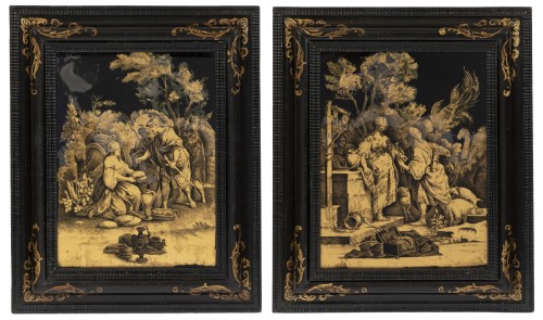 A Pair of Italian &#039; Fixés sous Verre&#039;  Panels early 18th century 