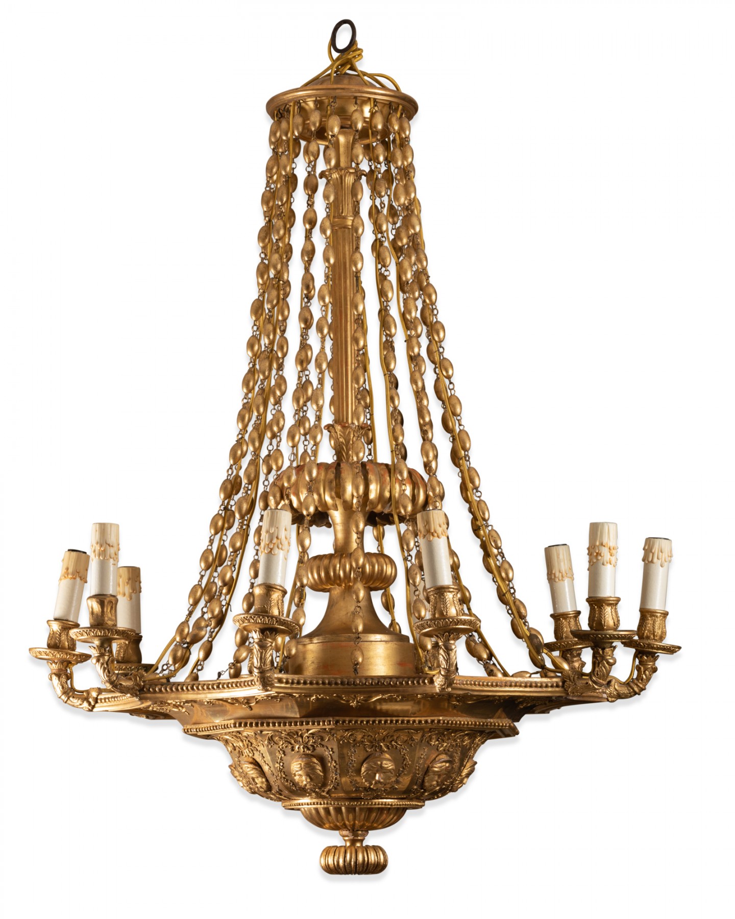 Lustre Empire en bois et pâte de bois blanc shabby 8 lumières